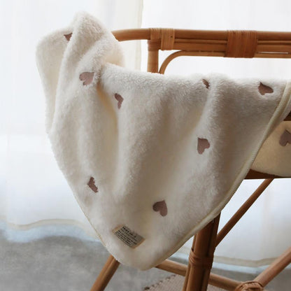 New Fluffy Fur Blanket Embroidered (heart beige, ribbon black) Approx. 70 x 85 cm S size