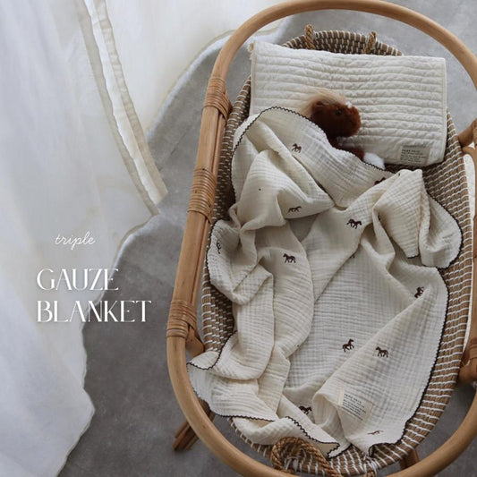 発売 4/24, 20時〜【1点までネコポス可】triple gauze  blanket　馬柄刺繍　Sサイズ（約70×85cm）3重ガーゼ　トリプル　本場韓国製 オリジナルブランケット