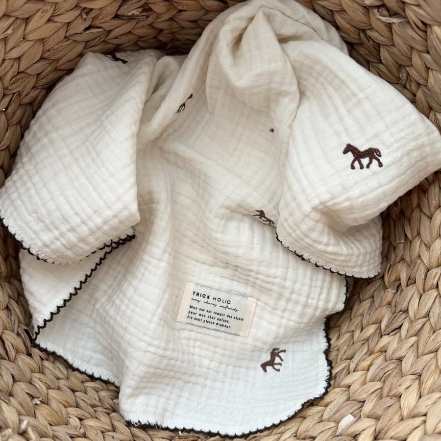 【6月下旬頃再入荷】【1点までネコポス可】new triple gauze  blanket　馬柄刺繍　Sサイズ（約70×85cm）3重ガーゼ　トリプル　本場韓国製 オリジナルブランケット