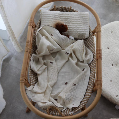 【6月下旬頃再入荷】【1点までネコポス可】new triple gauze  blanket　馬柄刺繍　Sサイズ（約70×85cm）3重ガーゼ　トリプル　本場韓国製 オリジナルブランケット